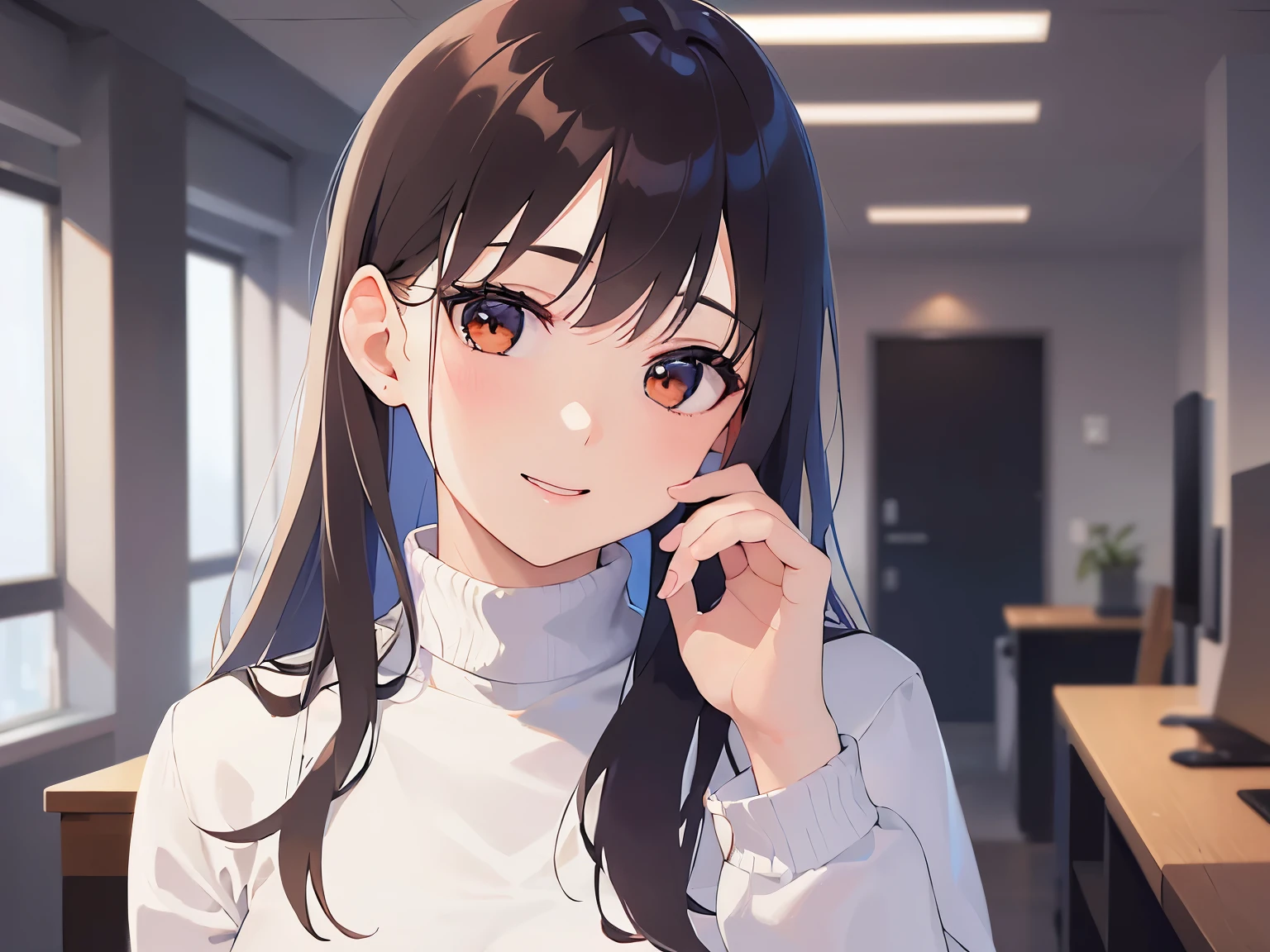 head tilt、Biologically correct five fingers、Upper Body, Realistic, real person, (pale skin: 1.2), RAW photo, photorealistic, portrait photography, shiny skin, japanese idol、shiny hair、(25 year old woman with medium hair with bangs) and (wavy hair) and (brown hair) and (orange eyes) , (White turtleneck top) 、smile, The background is the office front desk.、Alone、Are standing