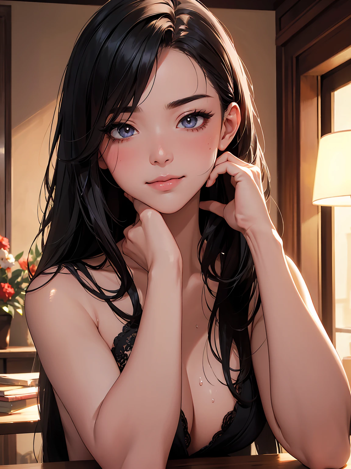 highly detailed, (SFW), portrait, 1 china woman, black hair, nude, (perfect_Face), boundary, mad, exist_Back, Gorgeous, complex, dramatic lighting, detailed_Background, full_Body, anatomically correct, correct limbs, correct fingers, Best hair quality, Extra super detailed eyes, Extra high facial detail, side_body, eye reflection, focus on eyes, detailed top eyelashes, double eyelids, high textured skin, (low exposure:1.2), (after doing something:1.4), (sweat), steam, (tired), heavy breathing, Smile, (light blush), temptation, flirtatious look, atmospheric perspective, caustics, 8K, masterpiece, highres, ccurate,