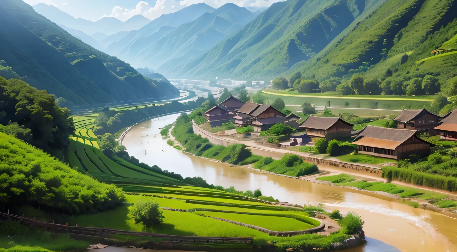 River and plantations in small village in mountainous area of China.