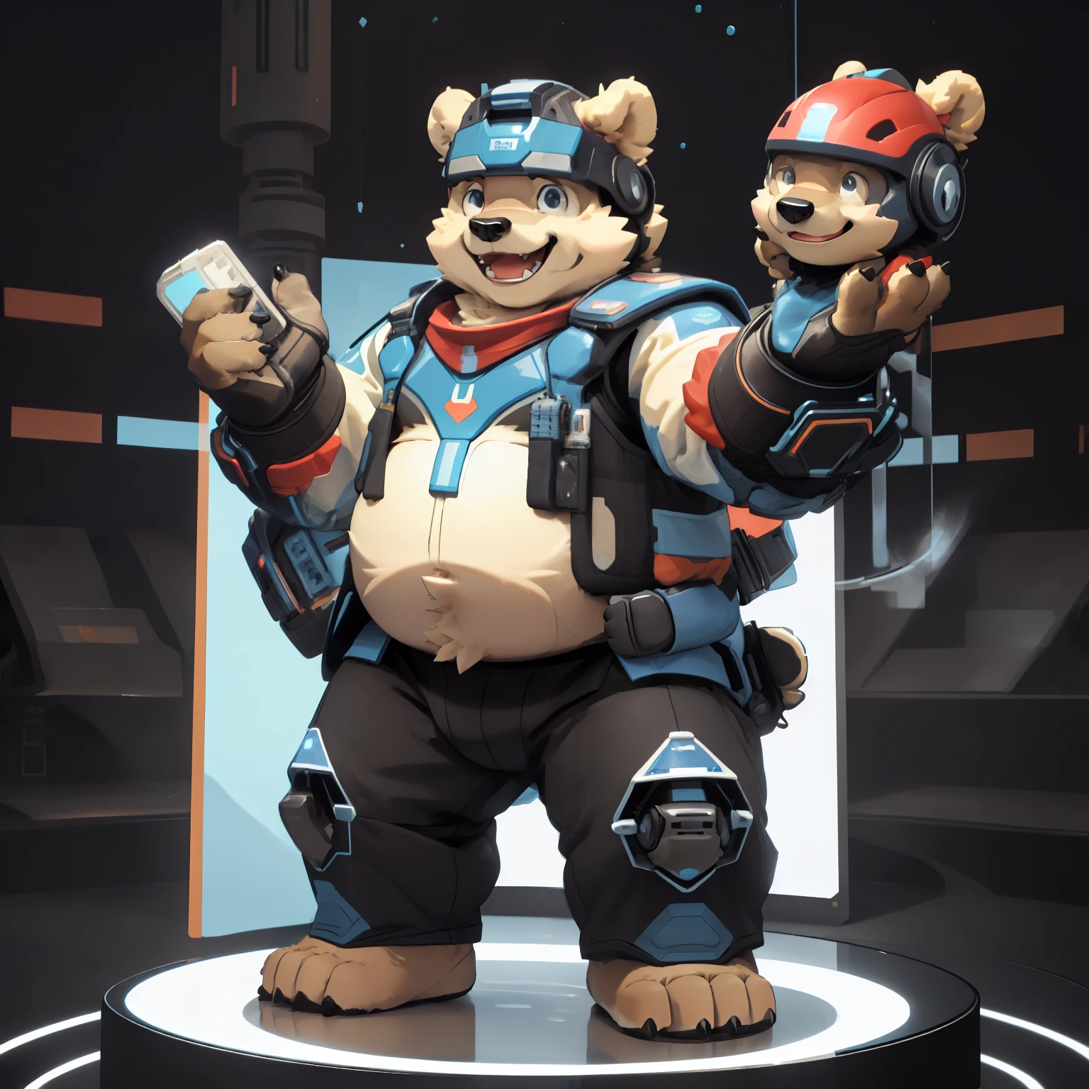 New Jersey 5 Hairy, Bear,Full body portrait of an individual, male,exquisite, chubby,thick arms,plush fur,front,stand,Future Warrior,High-tech helmet,High-tech armor,high tech pants,Mega Man Hand Cannon,Happy