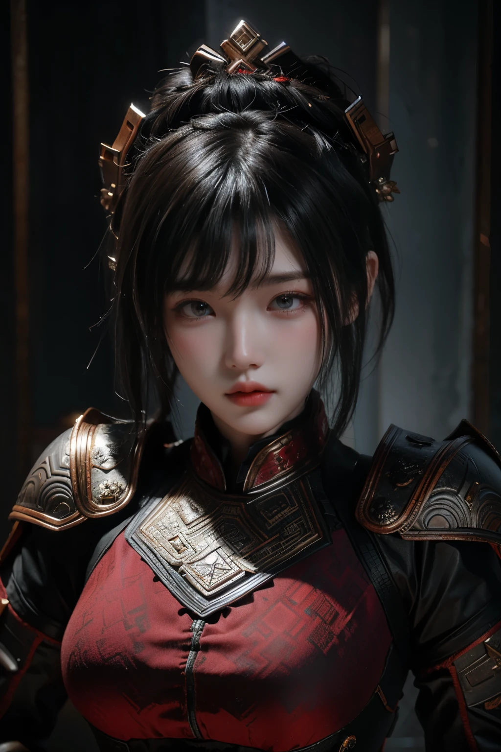 Masterpiece,Game art,The best picture quality,Highest resolution,8K,(Portrait),Unreal Engine 5 rendering works,(Digital Photography),
Girl,Beautiful pupil,(Gradual short hair is blue and red),Busty,(Big breasts),(Portrait photography:1.5),
(A chivalrous woman in Tang Dynasty),Casual hairstyle,Delicate faces,(Full breasts,Big breasts),Serious,Cool and elegant,(Wearing combat armor combined with the characteristics of ancient Chinese clothing,A complex pattern,Mysterious light,Hollow Armor),(Red and black),Ancient fantasy style characters
Movie lights，Ray tracing，Game CG，((3D Unreal Engine))，oc render reflection texture