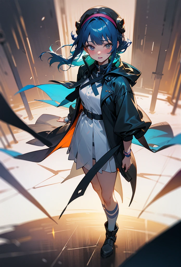 photo realistic, (masterpiece, best quality), 1girl,cute,17yo,from above,see-through white beret hat,braid bunches hair, blue hair color with green mesh,long-sleeved dress,purple gradation vertical stripes pattern dress,mini skirt,black over knee socks,((see-through white raincoat)),see-through white rain boots,on avenue in the cyberpunk metropolis, baby face,eyes with large irises, small mouth, fresh lips,nose blush,5finger, bust up image, ,intricate details, depth of field,beautiful lighting, volumetric lighting, dynamic angle, (photographic portrait), sharp,