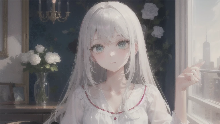 ((masterpiece, best quality))++, Detail lights+, detail hair+, Detail hand+ ,1 girl, Honey, (long gray hair)++, dark green eyes, beautiful eyes, Young gray hair,,(beautiful white hair:1.5),(beautiful eyes), high resolution+, black stockings , a white pajamas, Glass tones, Reflective eyeanyery detail wallpaper, The original, ,scassue card ,Nature,White rose