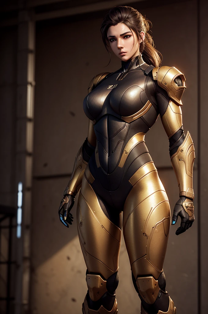 From face to the waist::1, realistic skin texture, zbrush::1 realistic super detailed hair, 3d::1, front view::1, mech suit::1, sports photography, panning photography::1, vaporwave::1, golden hour, unreal engine::1, zbrush::1, charlie bowater::1, bold makeup::1