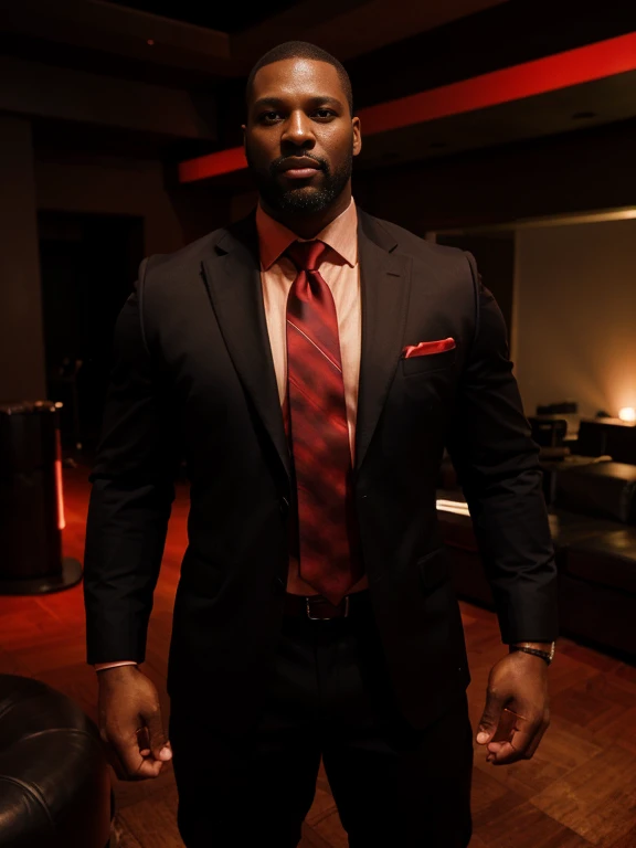A massive, muscular, strong, giant, tall, wide black man, 39 years old, wearing dark suit and red tie, lustful, in a nightclub