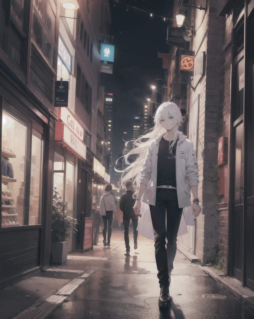 young boy,man,long hair,white hair,blue eyes,white dress,black pants,clothing store,city,nighttime,realistic,4k,charming,very detailed,thin,