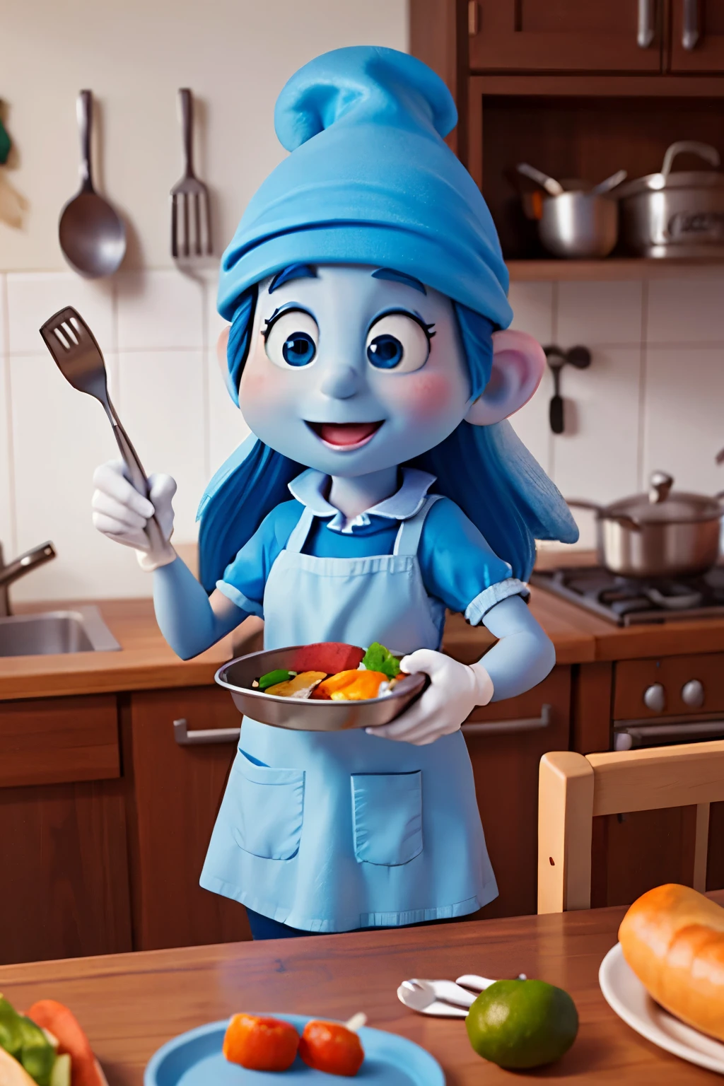 Imagine a Smurf cook making lunch.