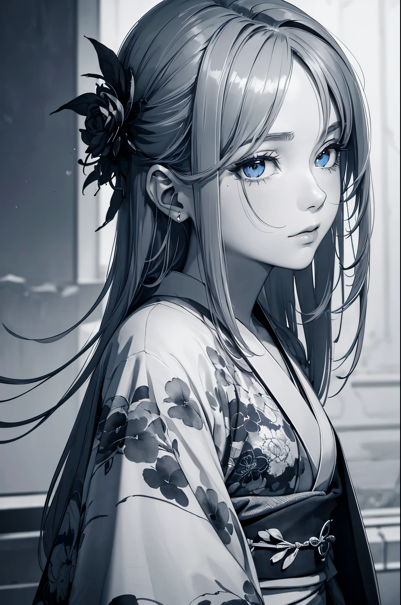 (((ink and wash styles))),((highest quality)), (masterpiece:1.5), (8k cg wallpaper), (vast world of lies, False Sky, real girl, abstract: 1.4),(masterpiece:1.3),(fluorescence, Complex, surreal, breathtaking, can&#39;t believe it, quiet, tranquility),(highest quality),(Super detailed, High resolution, very detailed:1.5), one girl, silver hair, blue eyes, turn to the side, cool face, kimono, Temporary, ink painting