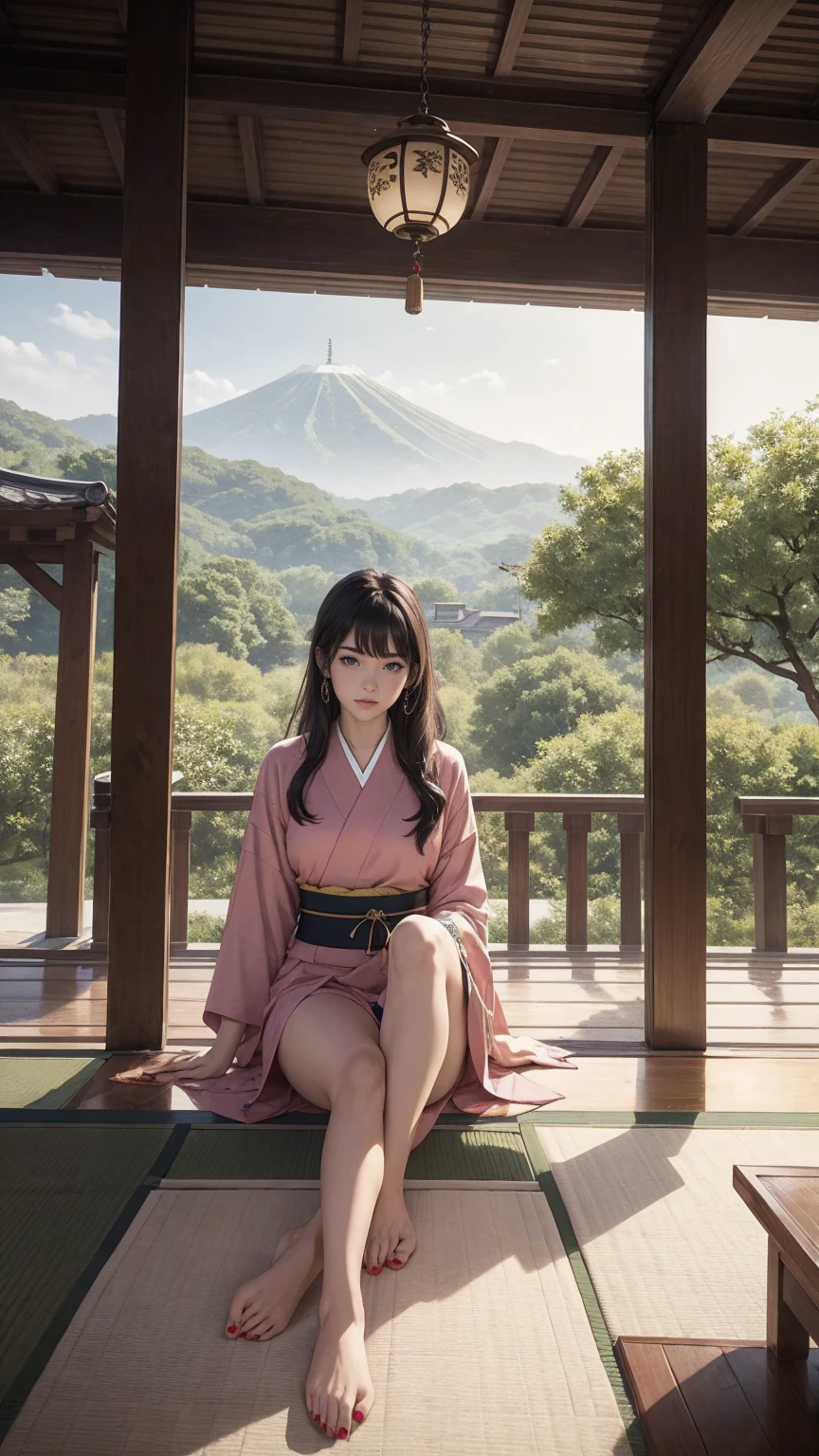 ((最high quality, 8K, masterpiece: 1.3, Ultra HD, high quality, 最high quality, High resolution, realism)) 、A stunningly beautiful 22-year-old Japanese woman、hair color is black、black eye、medium hair、straight hair、smile、Slender but well-proportioned muscular body、Athlete-like body type、I don&#39;t want my head to disappear from the screen.、Wearing accessories on your wrist、Wearing red nail polish、I have a peticure、Sitting on the veranda of a Japanese house in the Japanese countryside、It&#39;s summer、A wind chime is hung in front of the eaves.、barefoot、Fanning oneself、A courtyard spreads out in front of the verandah.、wear a yukata