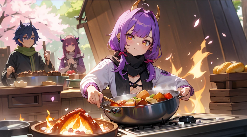 girl、Inner color mesh purple、two tone hairstyle、Scarf、Thunder properties、golden eyes、evil eye、horn、My eyes are sparkling、ear piercing、bellflower flower、belly button、ingredientake a meal、camper、Spring Cap、camp、Cherry Blossom、nature、bonfire、Meat potato、sunny、frying pan、pot、toast、oven、river