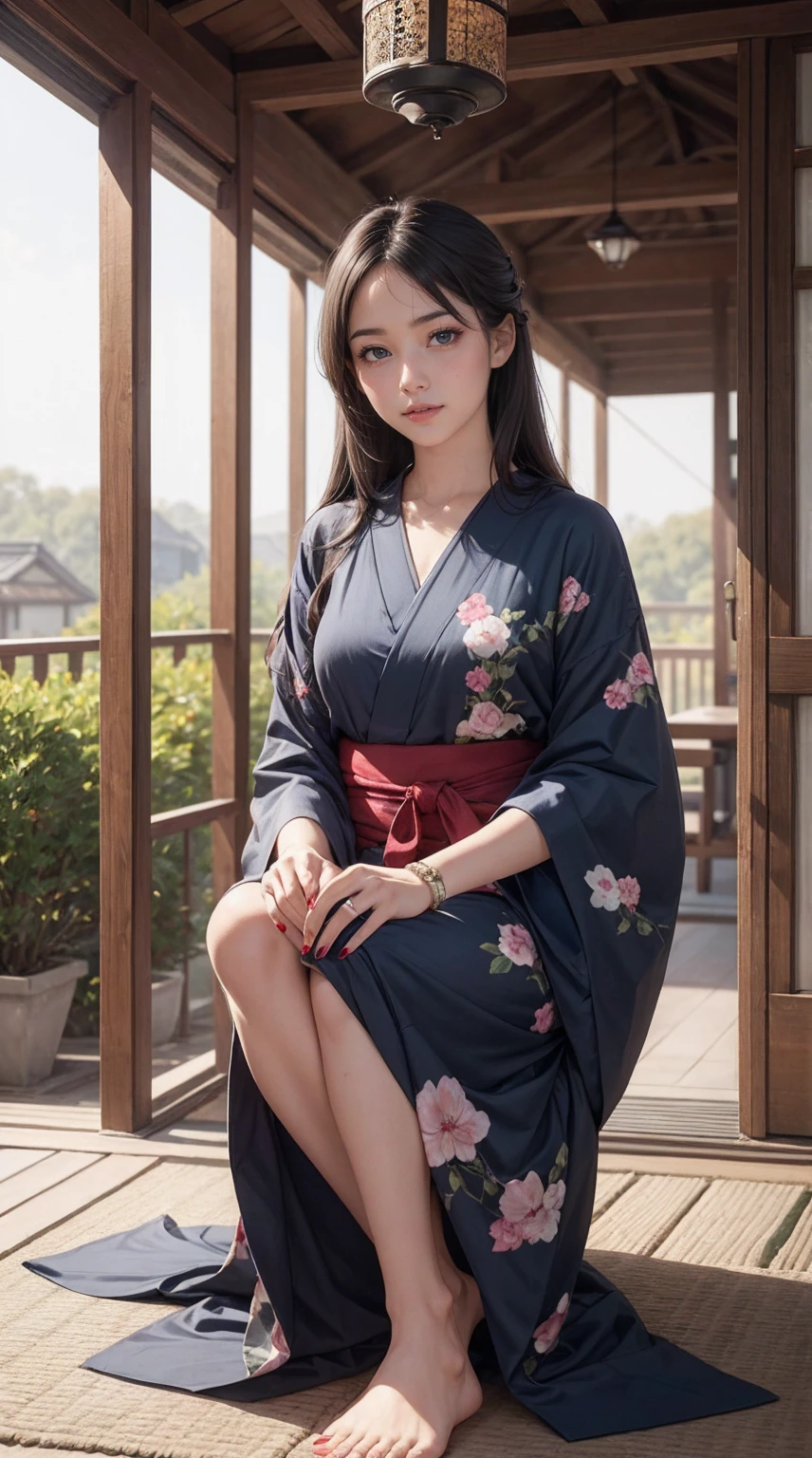 ((最high quality, 8K, masterpiece: 1.3, Ultra HD, high quality, 最high quality, High resolution, realism)) 、A stunningly beautiful 22-year-old Japanese woman、hair color is black、black eye、medium hair、straight hair、smile、Slender but well-proportioned muscular body、Athlete-like body type、I don&#39;t want my head to disappear from the screen.、Wearing accessories on your wrist、Wearing red nail polish、I have a peticure、Sitting on the veranda of a Japanese house in the Japanese countryside、It&#39;s summer、A wind chime is hung in front of the eaves.、barefoot、Fanning oneself、A courtyard spreads out in front of the verandah.、wear a yukata