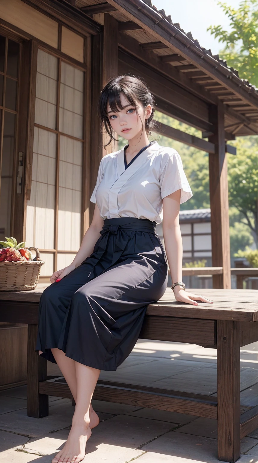 ((最high quality, 8K, masterpiece: 1.3, Ultra HD, high quality, 最high quality, High resolution, realism)) 、A stunningly beautiful 22-year-old Japanese woman、hair color is black、black eye、medium hair、straight hair、smile、Slender but well-proportioned muscular body、Athlete-like body type、I don&#39;t want my head to disappear from the screen.、Wearing accessories on your wrist、Wearing red nail polish、I have a peticure、Sitting on the veranda of a Japanese house in the Japanese countryside、It&#39;s summer、A wind chime is hung in front of the eaves.、barefoot、Fanning oneself、A courtyard spreads out in front of the verandah.、wear a yukata