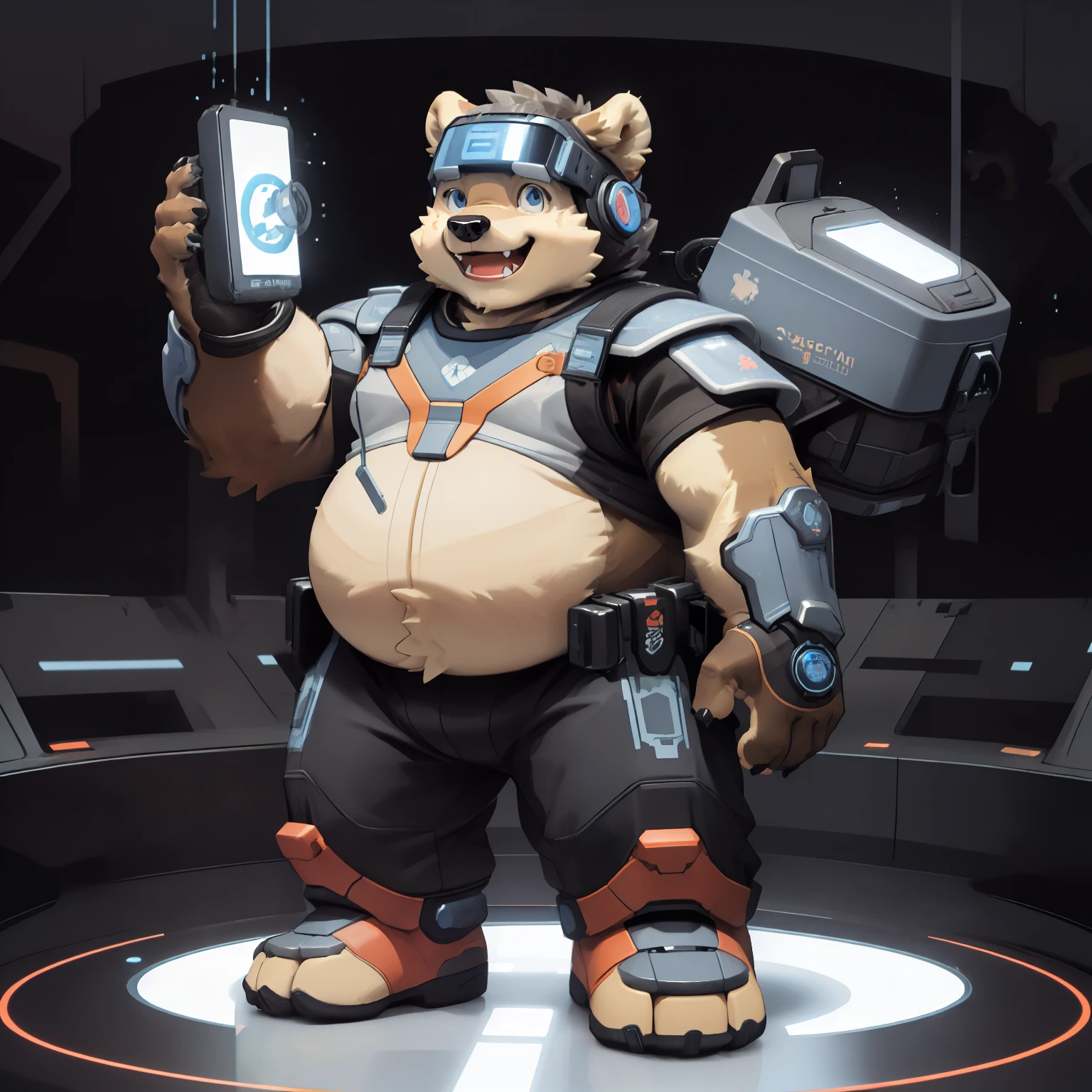 New Jersey 5 Hairy, Bear,Full body portrait of an individual, male,exquisite, chubby,thick arms,plush fur,front,stand,Future Warrior,High-tech helmet,High-tech armor,high tech pants,Mega Man Hand Cannon,Happy