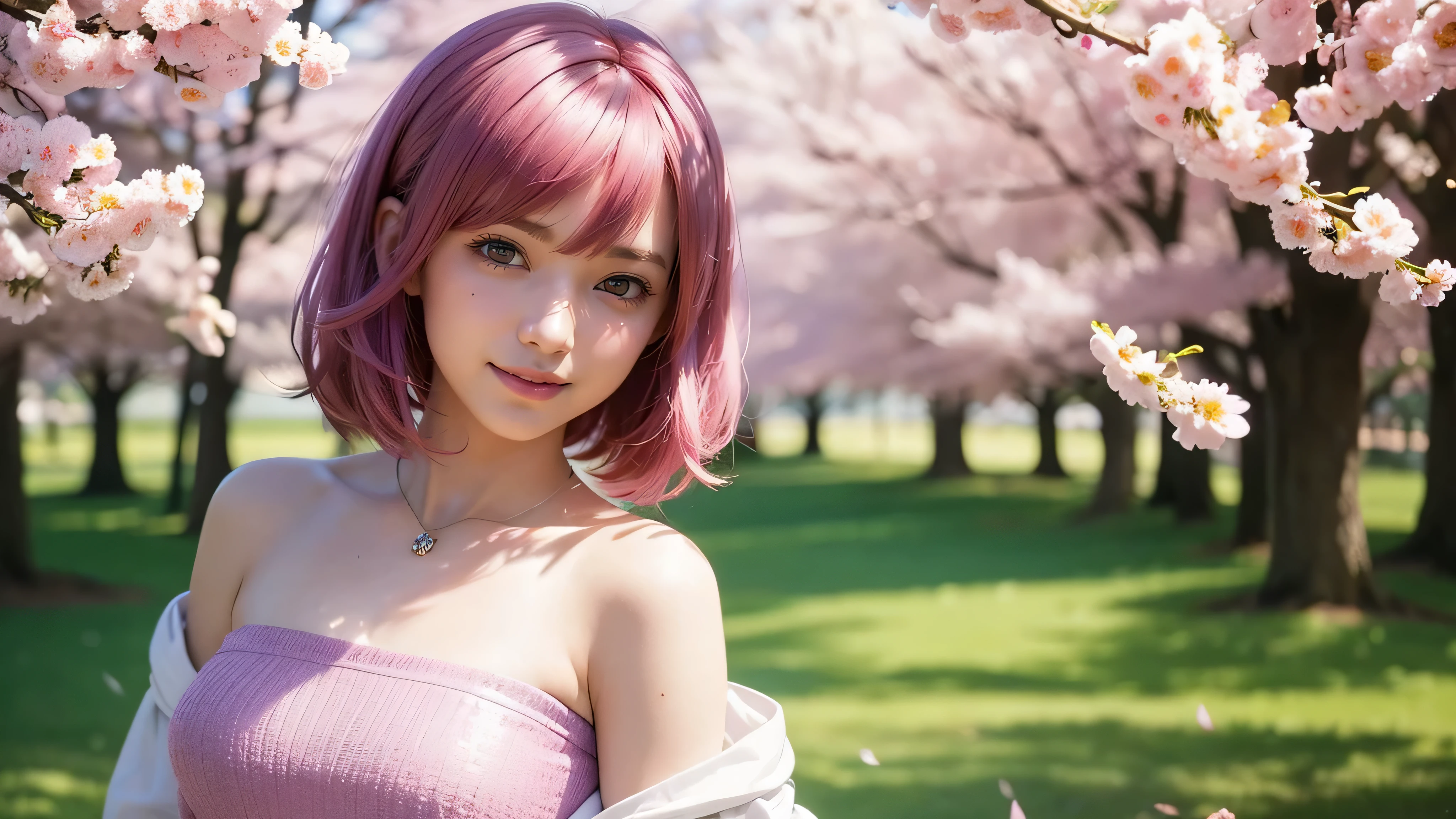 (sfw),1girl,(looking at viewer:1), (ulzzang-6500:0.66),dappled sunlight, best quality, ultra high res, (photorealistic:1.4),short hair, pink hair,jewelry, cherry blossoms, (smile:1), bare_shoulders, hair_ornament, purple_eyes, detailed eyes,, (light smile:1), ,arms behind back,