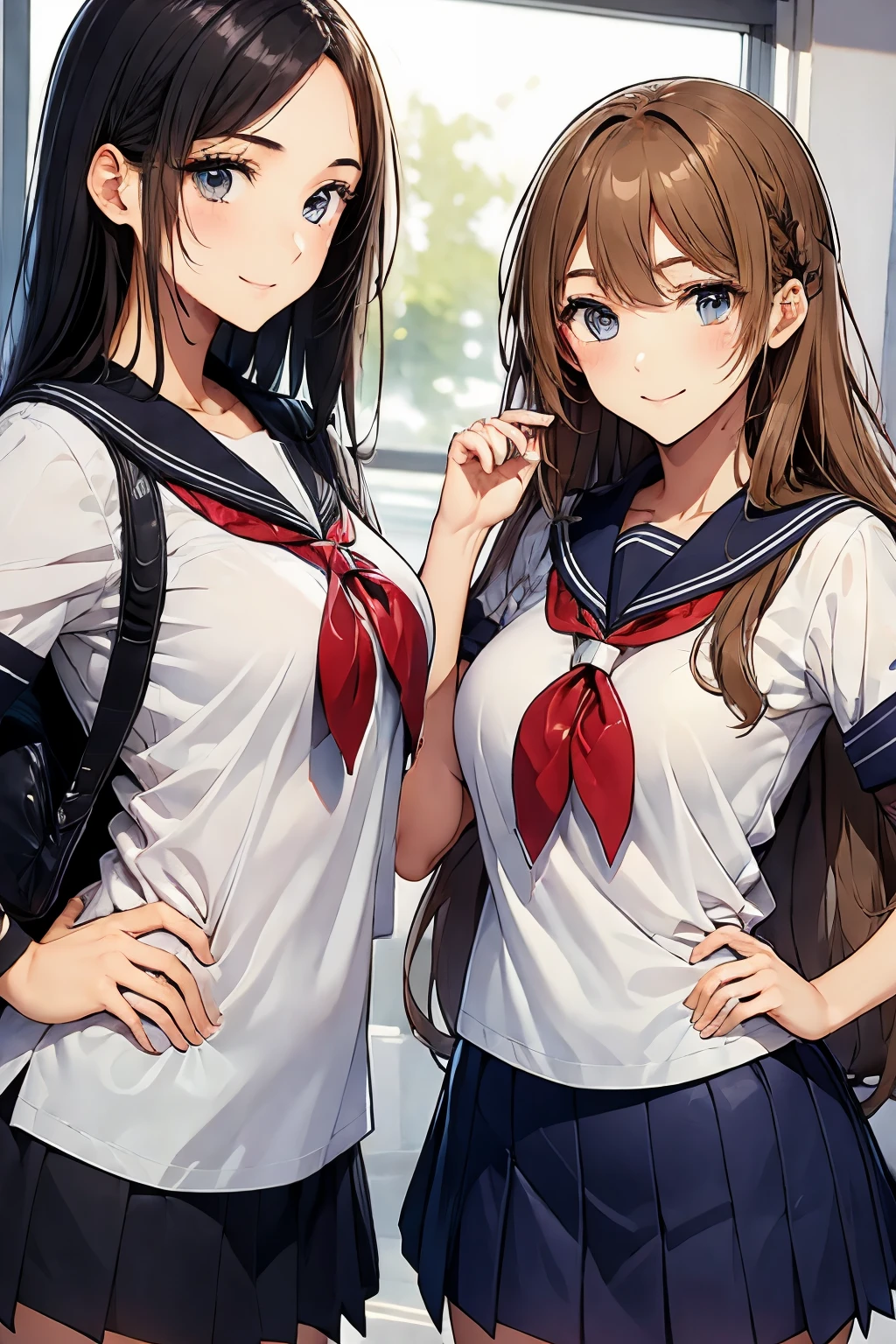 Two high school girls kissing、seductive smile、classroom