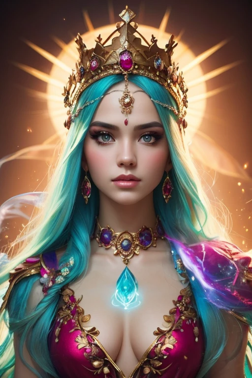 ((best quality)), ((masterpiece)), (detailed), person wearing costume, (Behance contest winner:1.2), fantasy art, crown of giant rubies, 3D goddess portrait, style of Ross Tran, captivating lighting, 8k resolution, striking facial expression, (elaborate costume details:1.3), vibrant colors, powerful presence, (ethereal glow:1.1)