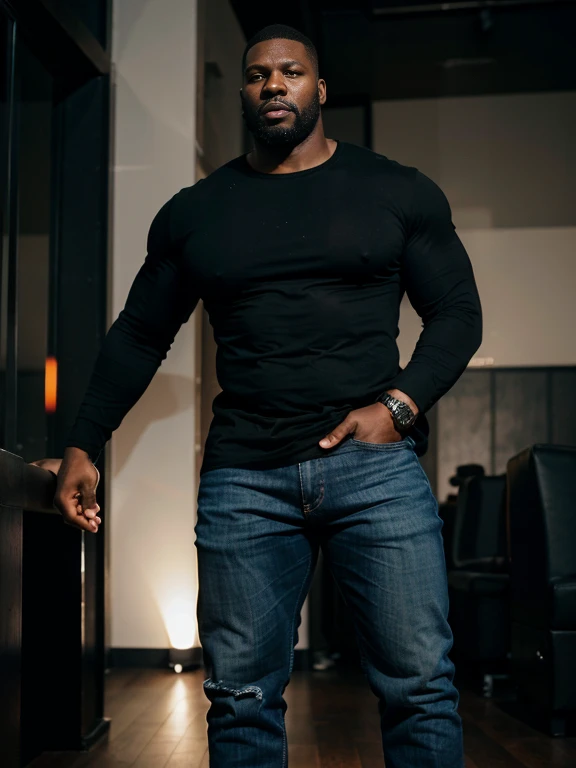 A full body picture of a massive, muscular, strong, giant, tall, wide black man, 39 years old, wearing long-sleeved black shirt and jeans, lustful, in a nightclub