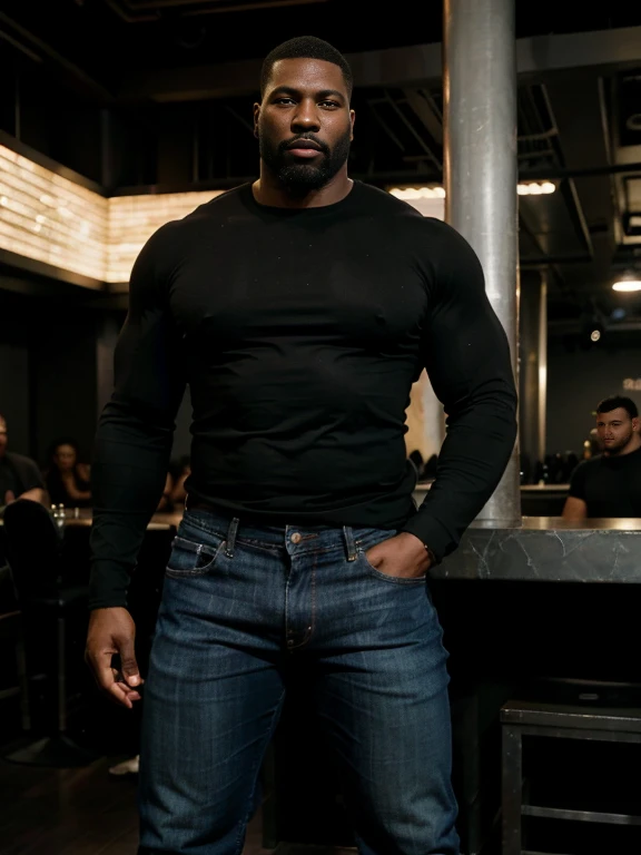 A full body picture of a massive, muscular, strong, giant, tall, wide black man, 39 years old, wearing long-sleeved black shirt and jeans, lustful, in a nightclub