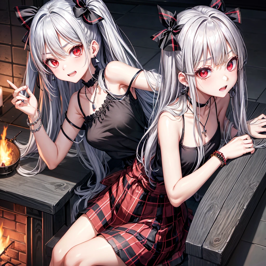 silver hair、red eyes、one good looking girl、solo、anime、plaid mini skirt、black camisole、black t-shirt、dress、wearing a ribbon、ribbon at waist、crystal earrings、jewelry necklace、Light and shadow、tilting one's face、teeth are visible、pillar、skylight、fireplace、evil looking face、making a phone call