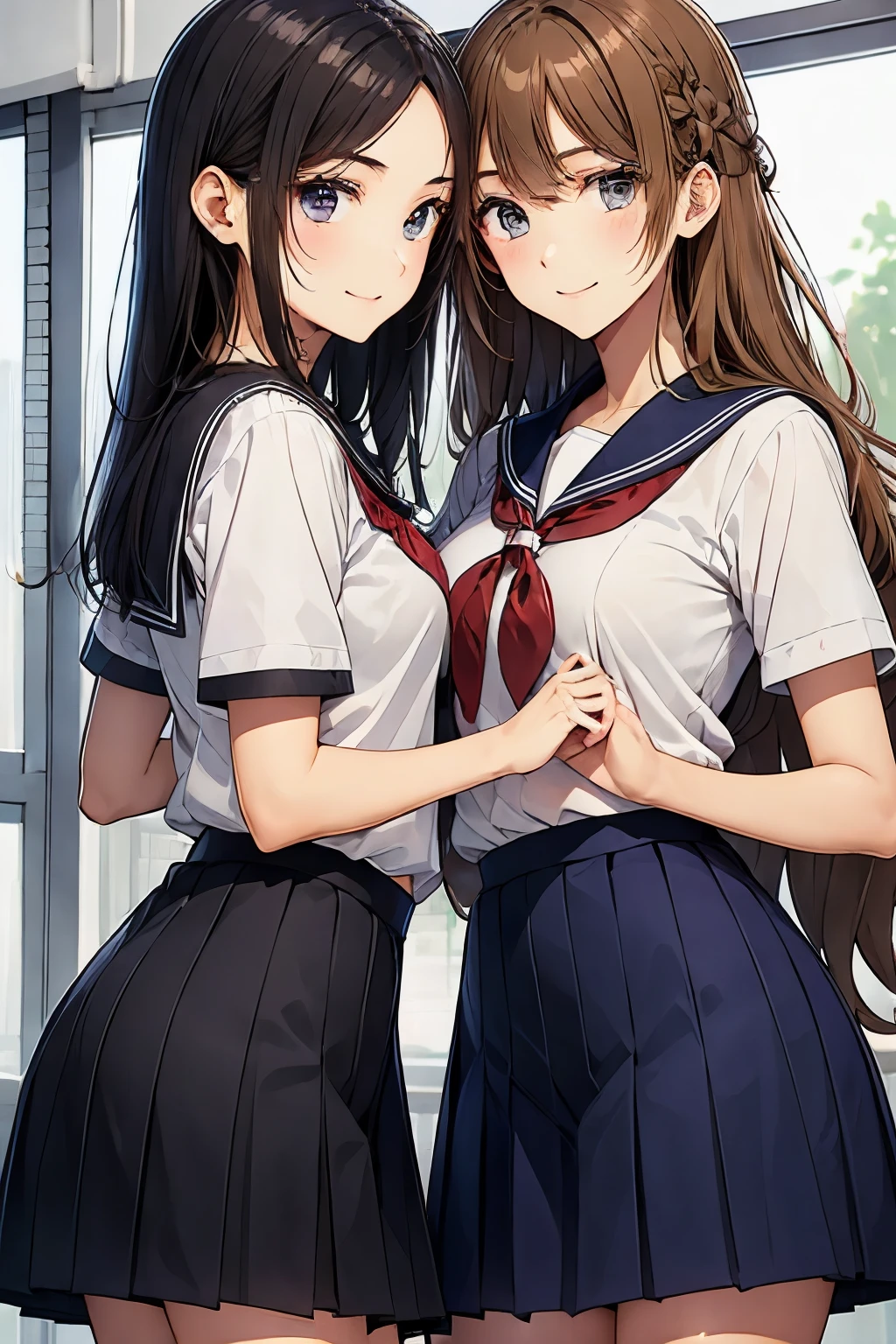 Two high school girls kissing、seductive smile、classroom