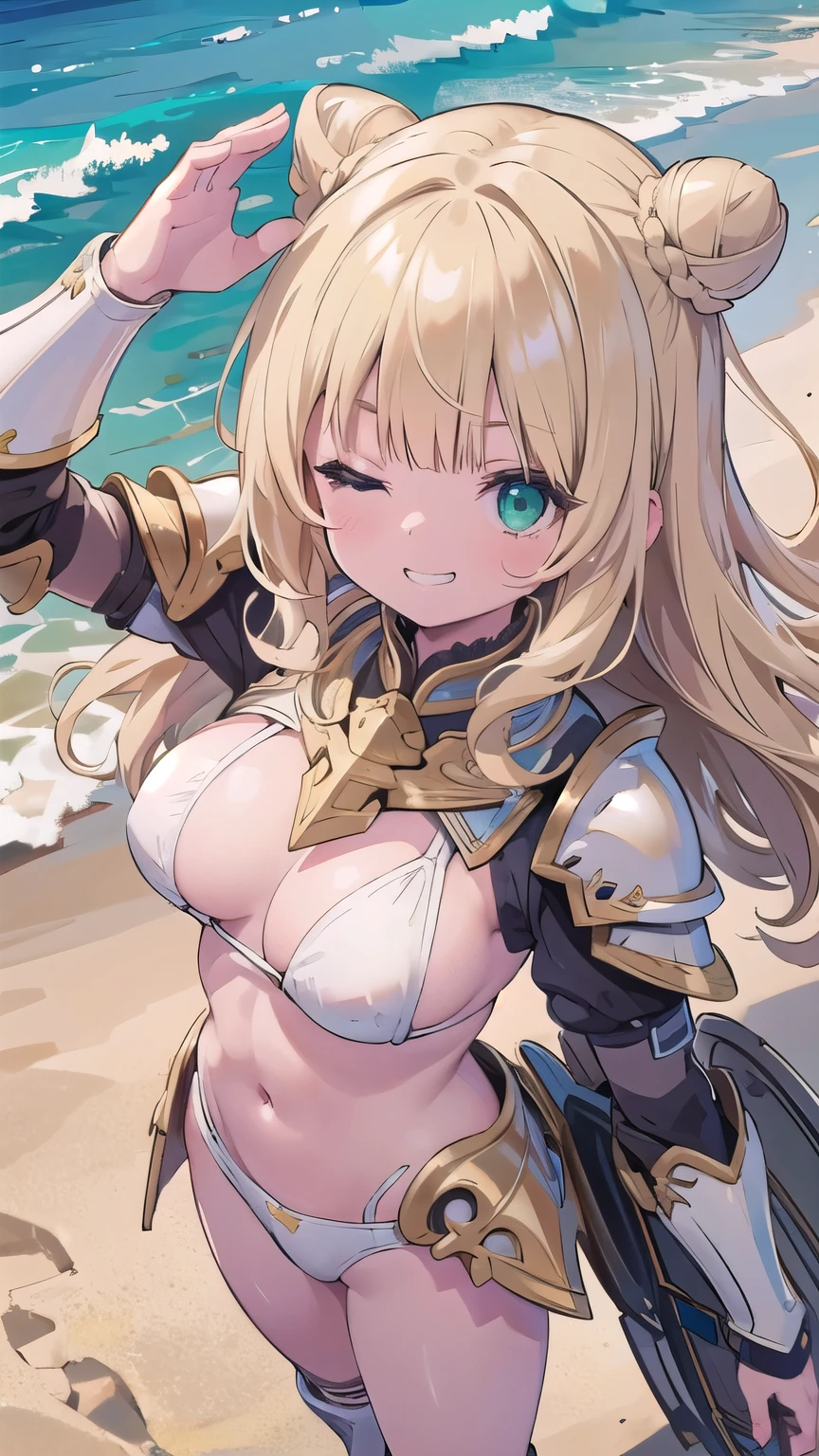 (masterpiece:1.2), (highest quality:1.2), perfect eyes, perfect face, perfect lighting, sunlight, outdoor, desert, 1 girl, blonde, yellow-green eyes, one eye closed, (((wavy hair))), blunt bangs, bun_head, medium hair, ((((white bikini armor)))), cute eyes, closed mouth, ((from above)), ((front)), dynamic pose, Are standing, ((grin)), spoken heart, nipple, abs, (big breasts)