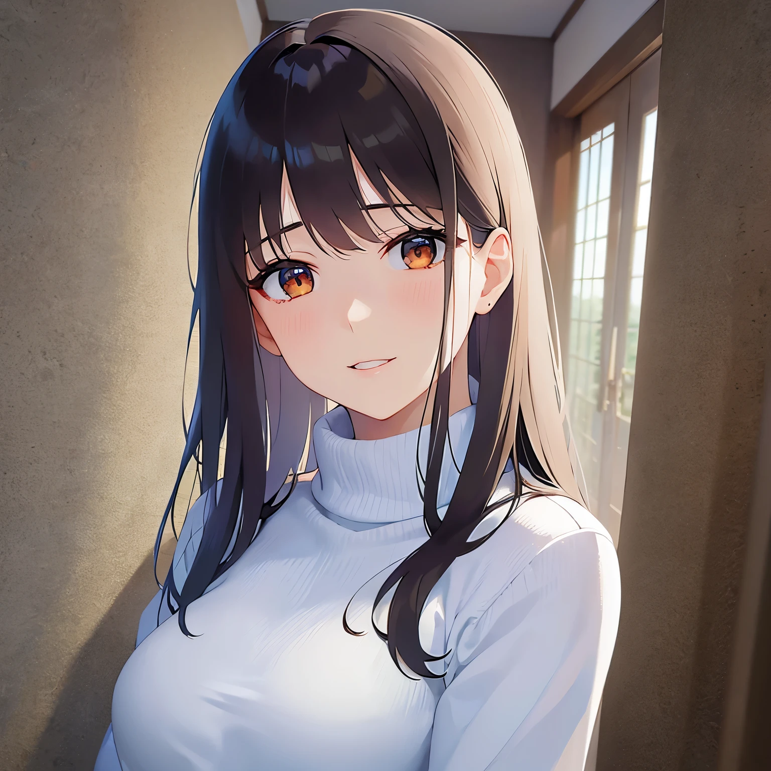 head tilt、Biologically correct five fingers、Upper Body, Realistic, real person, (pale skin: 1.2), RAW photo, photorealistic, portrait photography, shiny skin, japanese idol、shiny hair、(25 year old woman with medium hair with bangs) and (wavy hair) and (brown hair) and (orange eyes) , (White turtleneck top) 、smile, The background is the office front desk.、Alone、Are standing