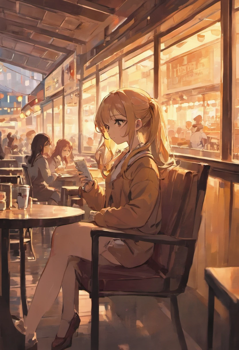 （Retro painting style）,（rough drawing style）,（Japanese anime style）,（simple figure drawing）（outdoor cafe in the distance）（The figure is far away）The sunlight is dazzling、sunny、lots of people、Sitting in a chair and drinking coffee、long hair、woman wearing glasses、Reading a novel、profile、Sunday、A bustling, large city、european style、fun