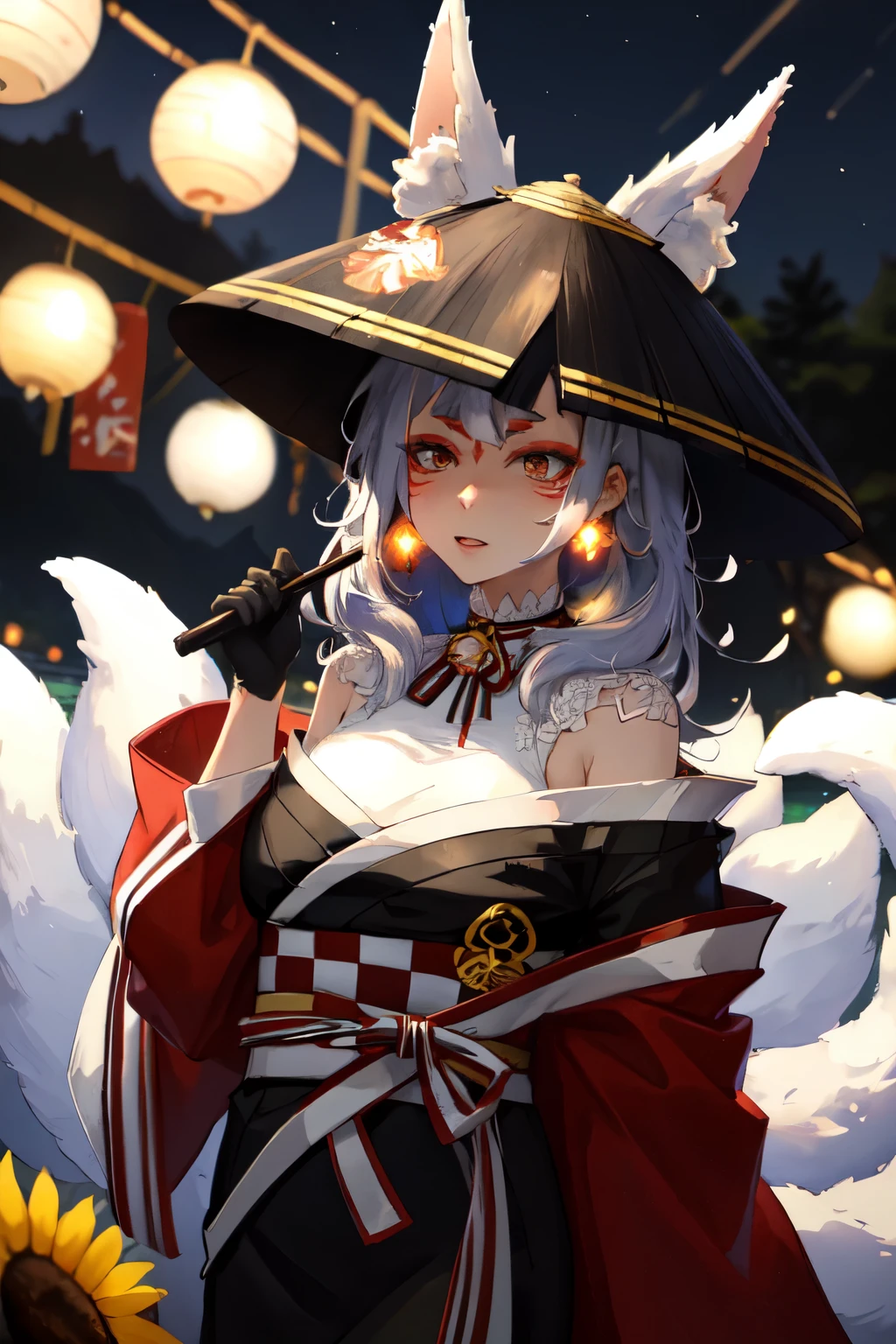 masterpiece, (detailed, highres, best quality), kosaka1st, medium hair, facial mark, red eyeshadow, forehead mark, makeup, fox ears, animal ear fluff, fox tail, multiple tails, single earring, black gloves, halterneck, black kimono, off shoulder, red kimono, obi, checkered sash, neck ribbon, neck bell, black headwear, aerial fireworks, blurry, blurry background, blurry foreground, depth of field, fireworks, flower, lake, mountain, night, night sky, outdoors, sky, sunflower, water, yellow flower