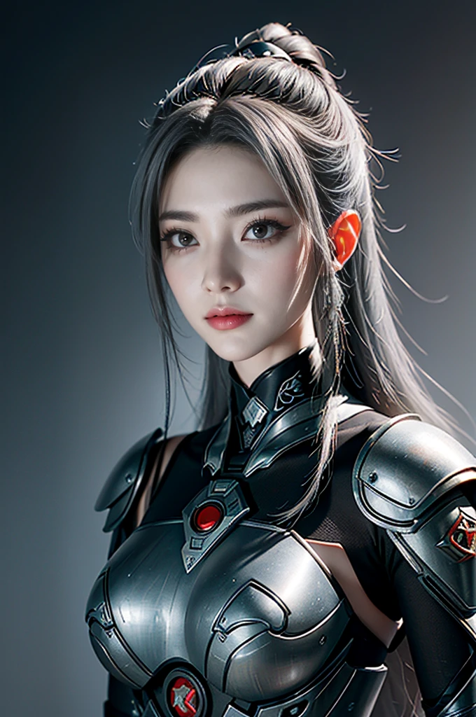 Masterpiece,Game art,The best picture quality,Highest resolution,8K,(Portrait),Unreal Engine 5 rendering works,(Digital Photography),((Portrait Feature:1.5)),
20 year old girl,Short hair details,With long bangs,(The red eye makeup is very meticulous),(With long gray hair:1.4),(Large, full breasts),Elegant and noble,Brave and charming,
(Future armor combined with the characteristics of ancient Chinese armor,Hollow design,Power Armor,The mysterious Eastern runes,A delicate dress pattern,A flash of magic),Warrior of the future,Cyberpunk figures,Background of war,
Movie lights,Ray tracing,Game CG,((3D Unreal Engine)),OC rendering reflection pattern
