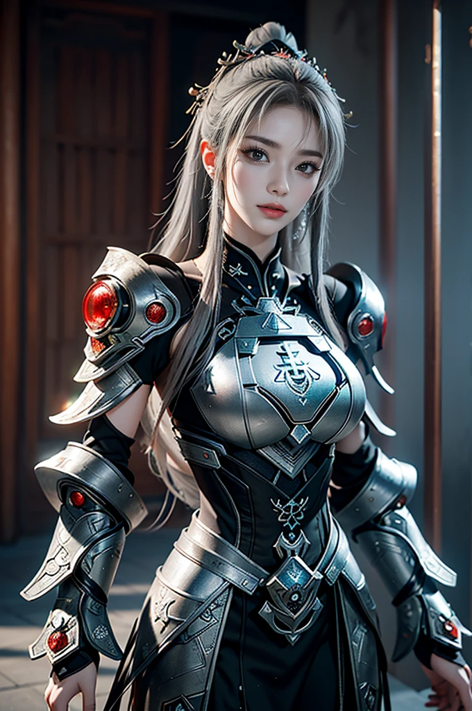Masterpiece,Game art,The best picture quality,Highest resolution,8K,(Portrait),Unreal Engine 5 rendering works,(Digital Photography),((Portrait Feature:1.5)),
20 year old girl,Short hair details,With long bangs,(The red eye makeup is very meticulous),(With long gray hair:1.4),(Large, full breasts),Elegant and noble,Brave and charming,
(Future armor combined with the characteristics of ancient Chinese armor,Hollow design,Power Armor,The mysterious Eastern runes,A delicate dress pattern,A flash of magic),Warrior of the future,Cyberpunk figures,Background of war,
Movie lights,Ray tracing,Game CG,((3D Unreal Engine)),OC rendering reflection pattern