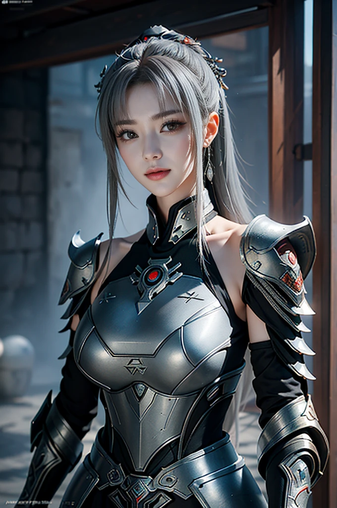 Masterpiece,Game art,The best picture quality,Highest resolution,8K,(Portrait),Unreal Engine 5 rendering works,(Digital Photography),((Portrait Feature:1.5)),
20 year old girl,Short hair details,With long bangs,(The red eye makeup is very meticulous),(With long gray hair:1.4),(Large, full breasts),Elegant and noble,Brave and charming,
(Future armor combined with the characteristics of ancient Chinese armor,Hollow design,Power Armor,The mysterious Eastern runes,A delicate dress pattern,A flash of magic),Warrior of the future,Cyberpunk figures,Background of war,
Movie lights,Ray tracing,Game CG,((3D Unreal Engine)),OC rendering reflection pattern