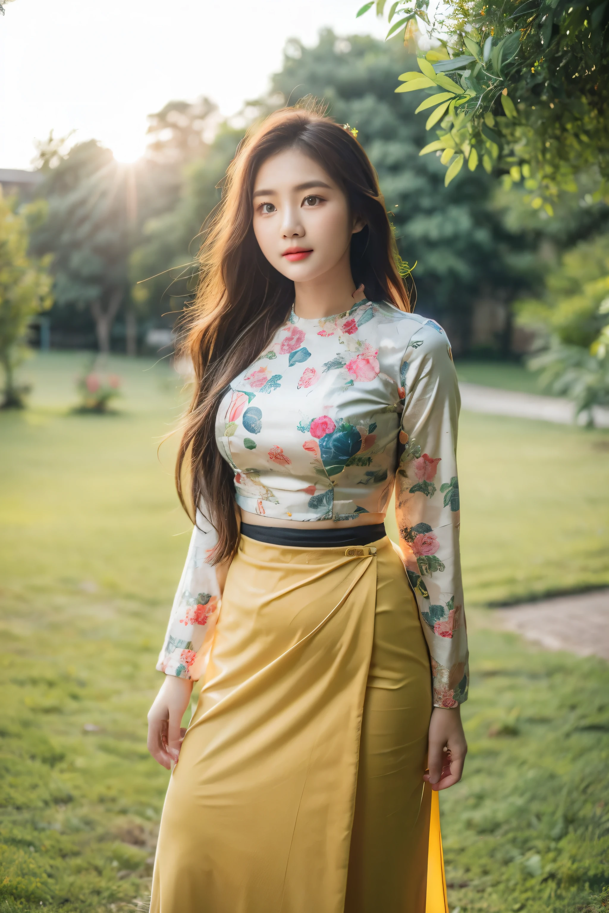 masterpiece, best quality, 1girl, solo, ((mature female)), round pupils, long hair, hair, Burmese girl, looking at viewer, acmm ls outfit, wearing acmm top, olive green acmm top, long sleeves, wearing acmm long skirt, olive green acmm long skirt, printed skirt, realistic, outdoor, sun light