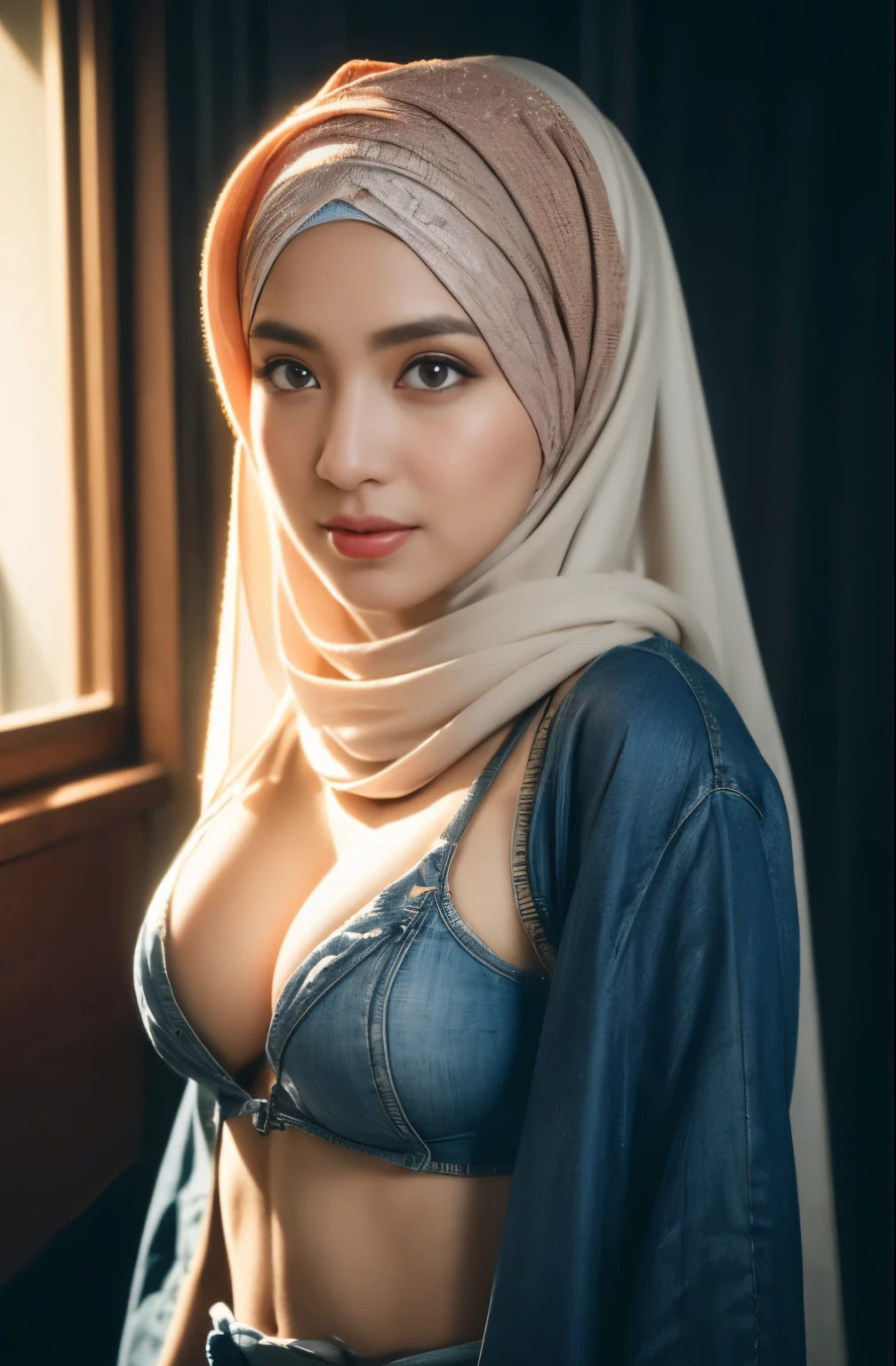 bellydancer, denim, javanese, (((hijabi))), cleavage, reflection light, chiaroscuro, depth of field, cinematic lighting, ray tracing, Sony FE GM, UHD, super detail, masterpiece, textured skin, high details, best quality, award winning,3D,hdr(HighDynamicRange),Ray tracing,NVIDIA RTX,Hyper-Resolution,Unreal 5,Subsurface scattering、PBR Texture、post-proces、Anisotropy Filtering、depth of fieldaximum definition and sharpnesany-Layer Textures、Albedo e mapas Speculares、Surface coloring、Accurate simulation octane rendering of light-material interactions、Two-colored light、largeaperture、Low ISO、White balance、the rule of thirds、8K raw data