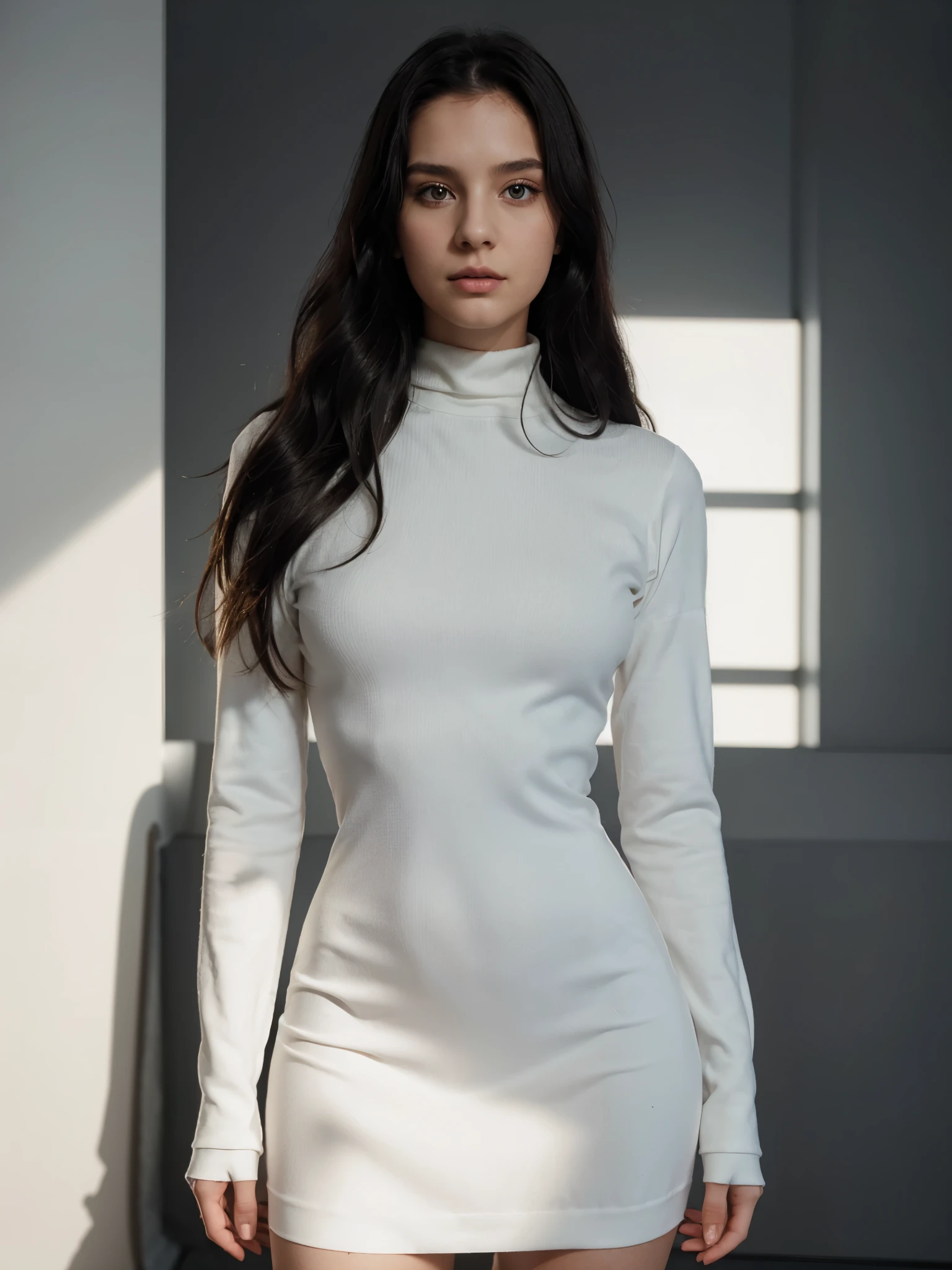 Magazine style photo of a young woman with black long wavy hair wearing a white turtleneck dress inspired by Dior and Céline, indirect lighting, studio portrait, dark plain background, dynamic pose, beautiful body, 160 cm 55 kg, Soho, shot on Kodak Colorplus 200, film photography, f1.8 50mm lens