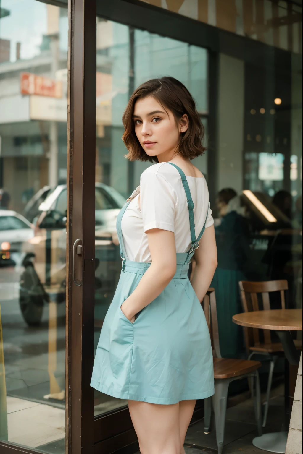 full-body portrait photograph of a young woman with "Wavy shoulder-length short hair." wearing pinafore, niniskirt with leggings, oversized_breasts.", she is strongest woman on Earth, beautiful_breasts. sensual body, standing, cute styl chlotes, in a unique, photoshot model, standing in front of a coffe shop window building, neutral colors, Pastel tone, soft light, photo, portrait photography, cinematic
