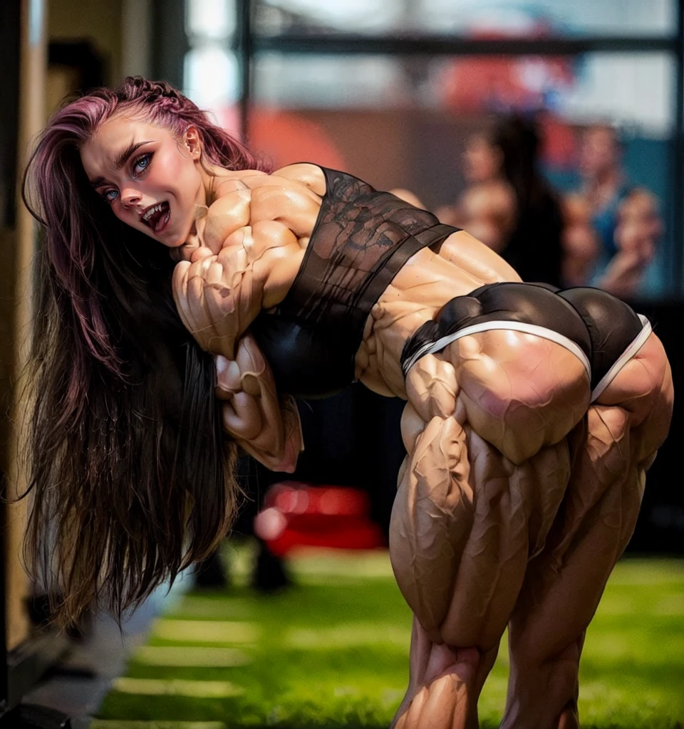 (1 girl:1.25), (cara delevingne:1.25), (a photo of a bodybuilder girl flexing her glutes:1.25), (long pink hair:1.25), (huge upper body:1.25), (wide shoulders:1.25), (huge muscular arms:1.45,) (10-pack abs:1.25), (back pose:1.25),Realistic, Very detailed face and eyes, masterpiece