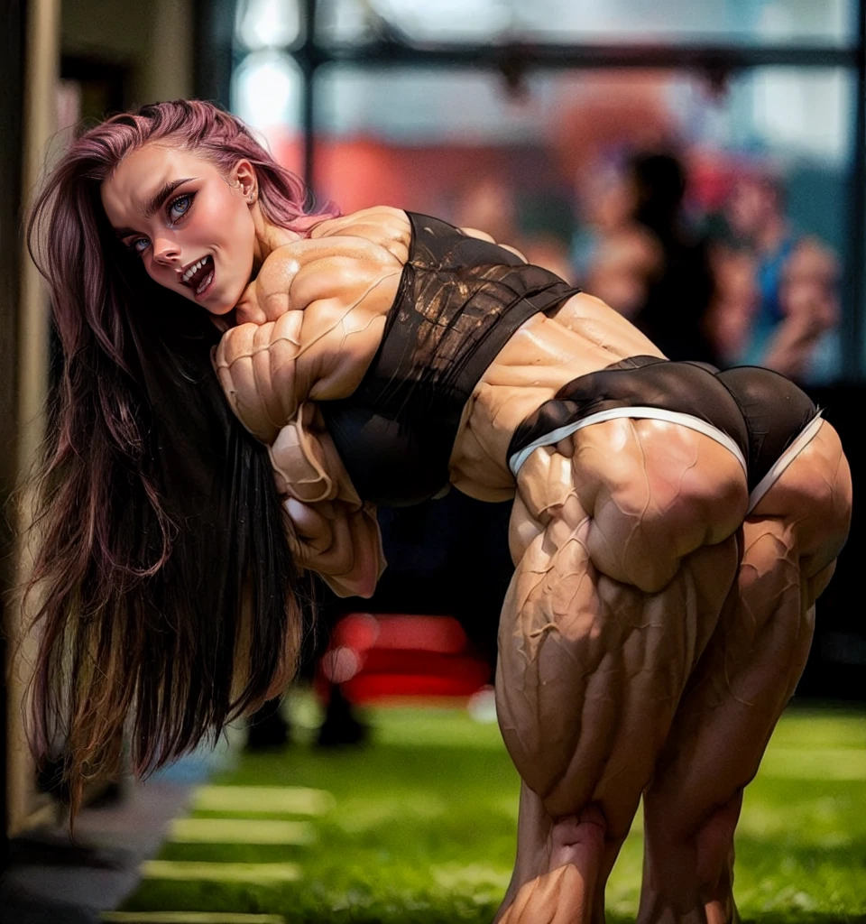 (1 girl:1.25), (cara delevingne:1.25), (a photo of a bodybuilder girl flexing her glutes:1.25), (long pink hair:1.25), (huge upper body:1.25), (wide shoulders:1.25), (huge muscular arms:1.45,) (10-pack abs:1.25), (back pose:1.25),Realistic, Very detailed face and eyes, masterpiece