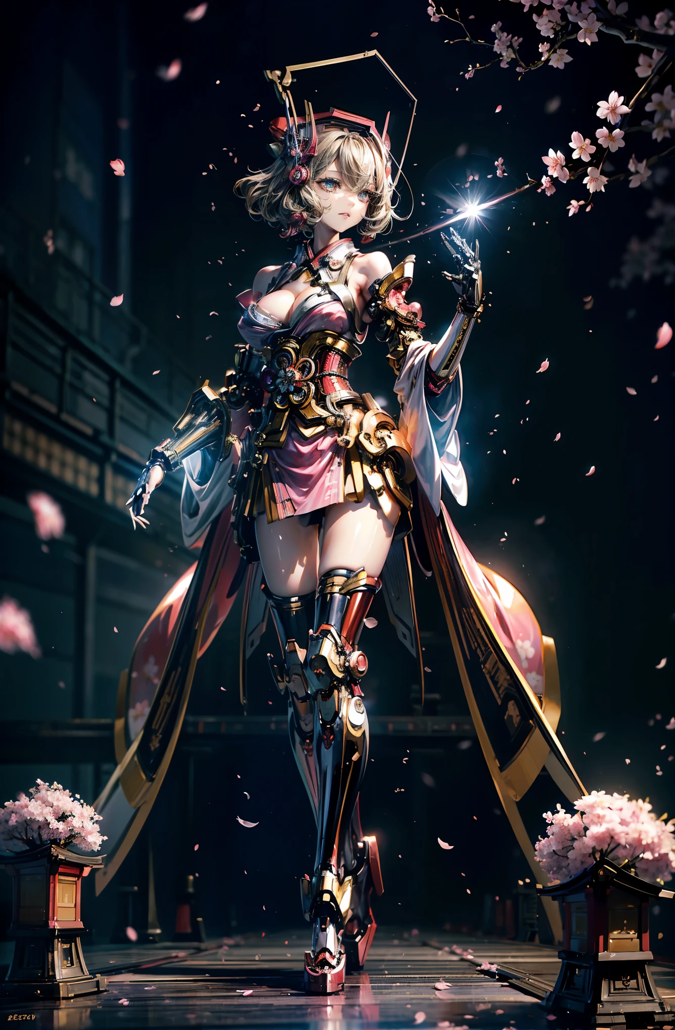 hyper quality、8K quality、High resolution、Image quality taken with a single-lens reflex camera、(SFW)、perfect anatomy、(桜🌸がテーマ)Oiranメカガール、A beautiful blonde 20-year-old girl.orange eyes、(Good shape and normal breasts、cleavage)、Three-dimensional and realistic black mechanical parts、(Shoulder and one leg exposed:1.2)(mechanical unit on the back)、BREAK(wear a flashy pink kimono、long hem、Oiran:1.2)(Mechanical parts below the elbow and below the knee:1.3)BREAK、(perfect anatomy:1.4)BREAK(Cherry blossom viewing、raise one hand up、looking away:1.2)Cherry tree々(Cherry blossom petals fluttering around Togetsukyo Bridge:1.3)