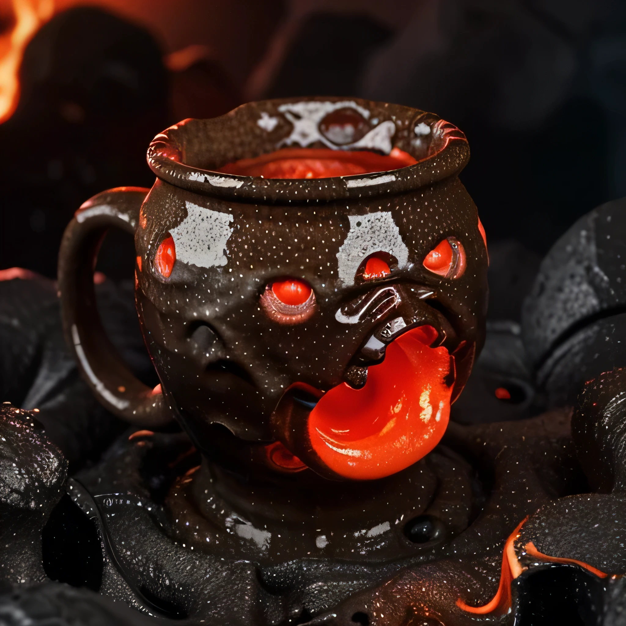 a cup filled with lava, has a mouth that spews lava in a volcano