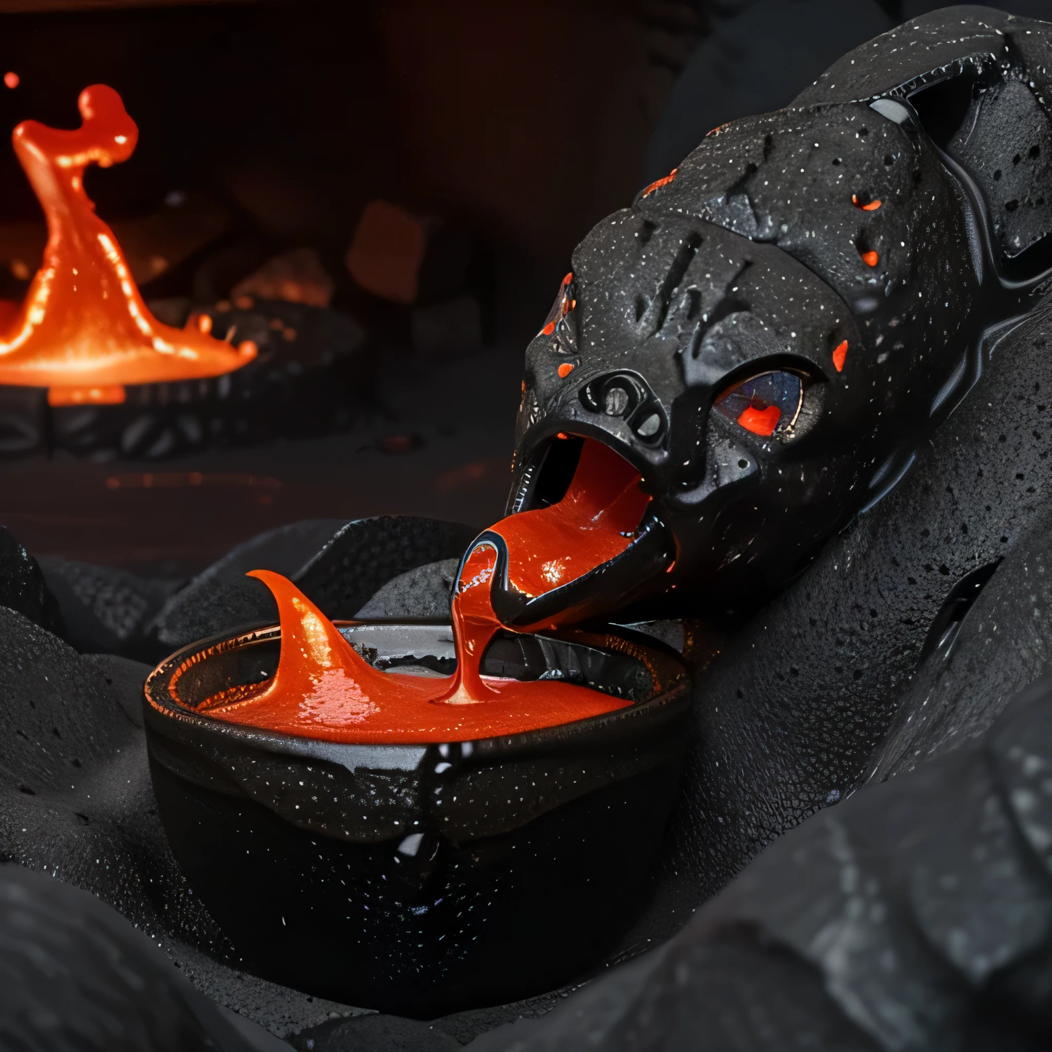 a cup filled with lava, has a mouth that spews lava in a volcano