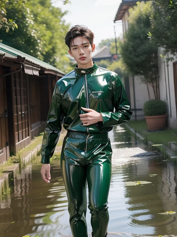 Swampland Hwang Hyun-chen Green Shiny Latex Set Young Korean Male Full Body Photo Trapped in a Mud Tight Latex Set