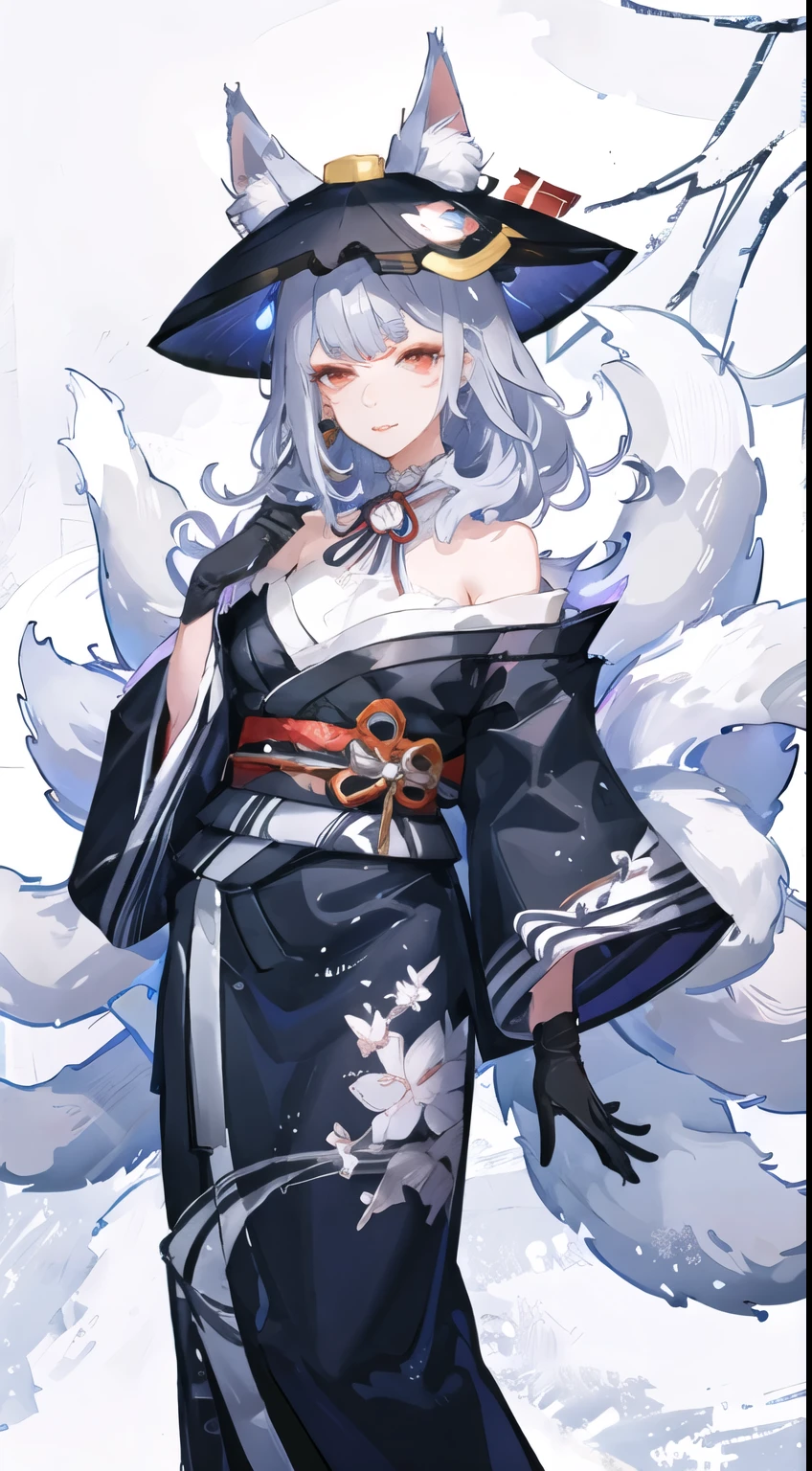 kosaka1st, medium hair, facial mark, red eyeshadow, forehead mark, makeup, fox ears, animal ear fluff, fox tail, multiple tails, single earring, black gloves, halterneck, black kimono, off shoulder, red kimono, obi, checkered sash, neck ribbon, neck bell, black headwear