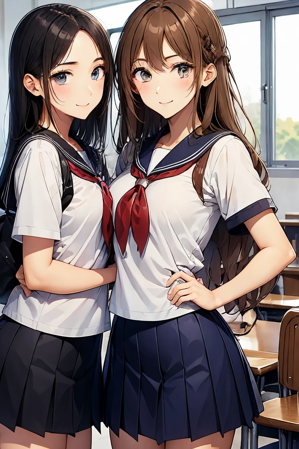 Two high school girls kissing、seductive smile、classroom