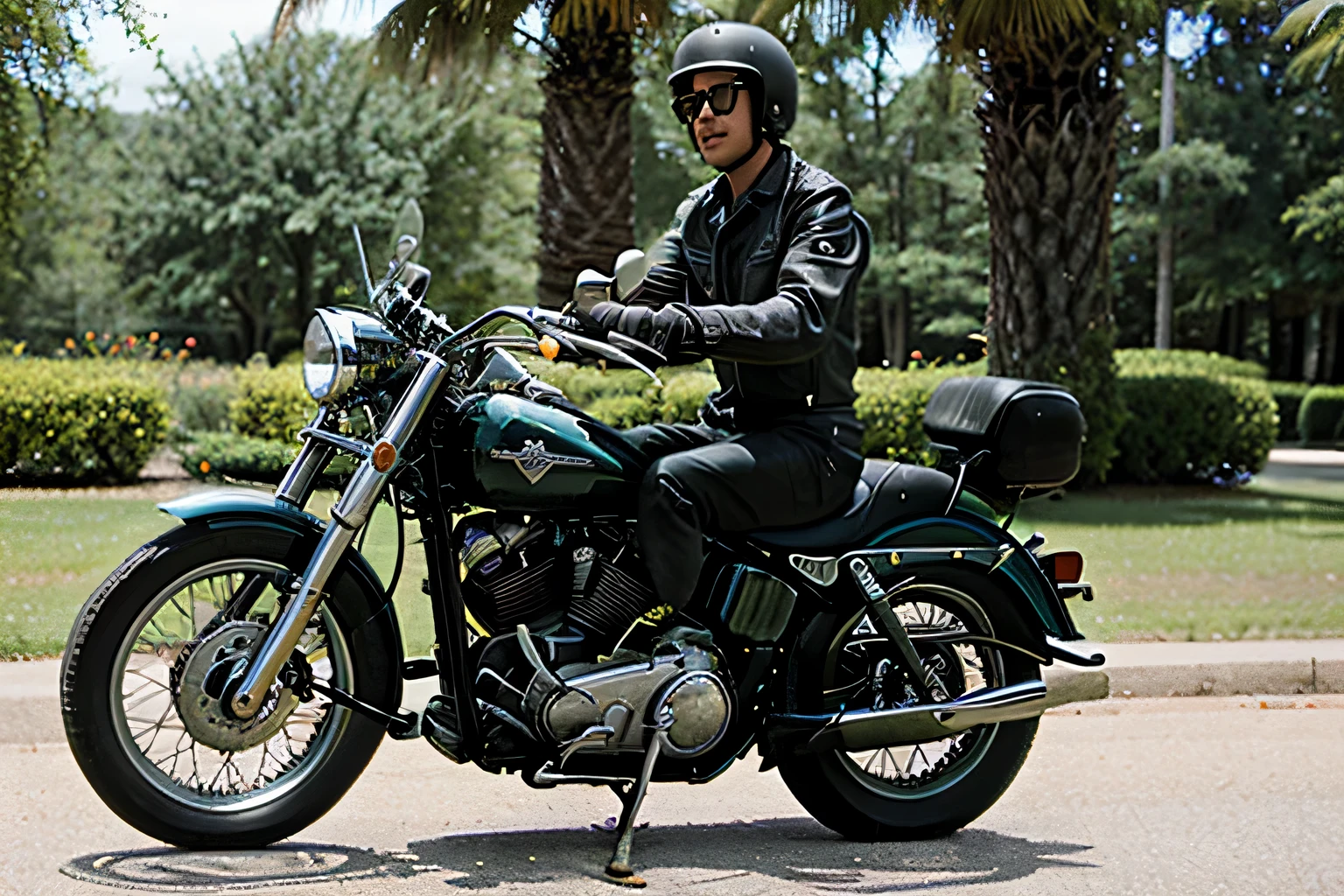 1950's Harley-Davidson touring motorcycle with a leather-clad rider wearing aviator sunglasses