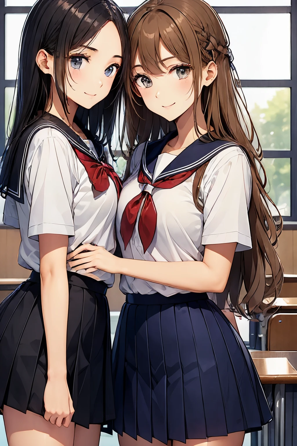 Two high school girls kissing、seductive smile、classroom