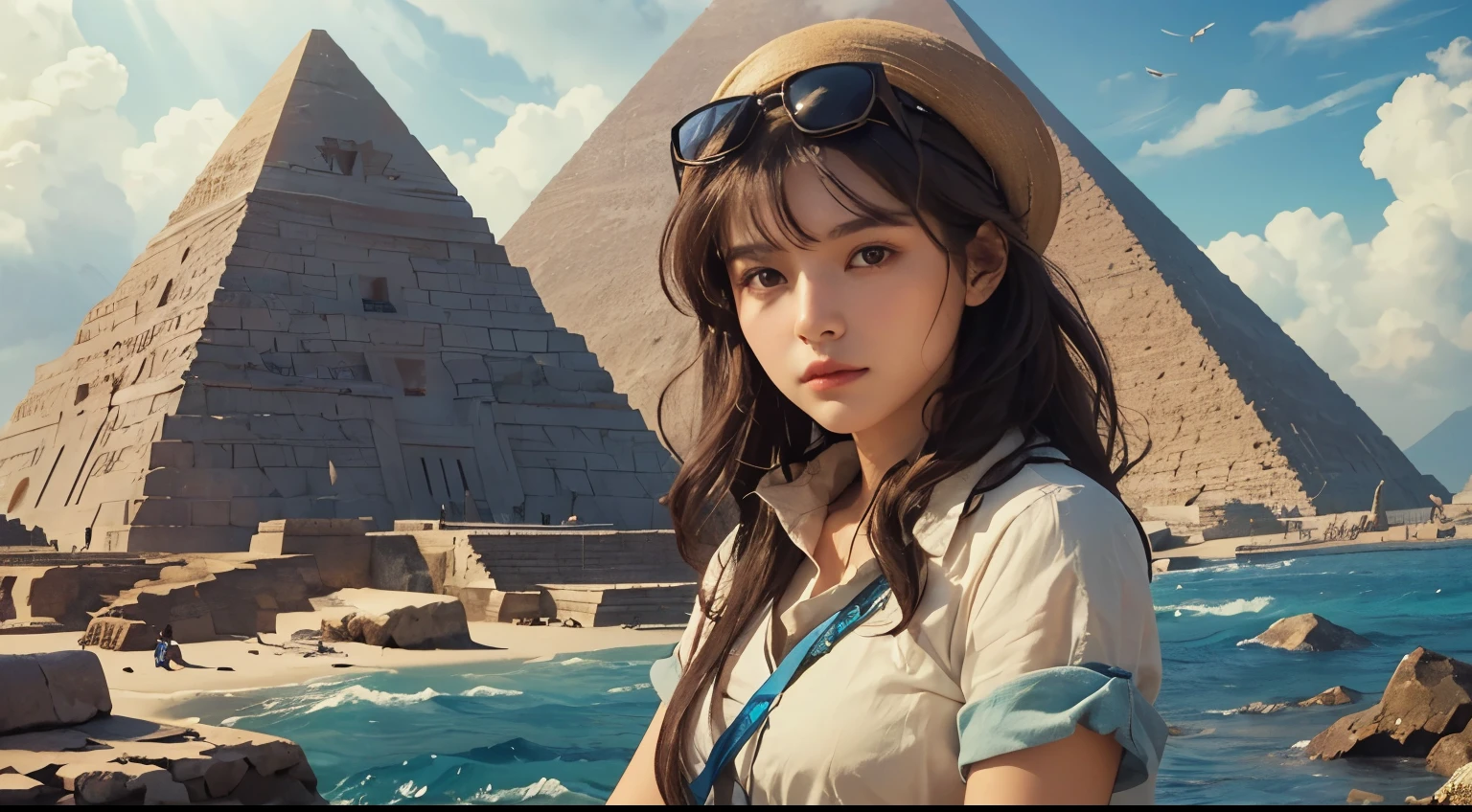 A beautiful woman. Dark brown hair. Twenty years old. She is looking at the camera with a serious expression. She is dressed as an archaeologist. In her background, there is a pyramid made of crystal that has sunk into the sea.