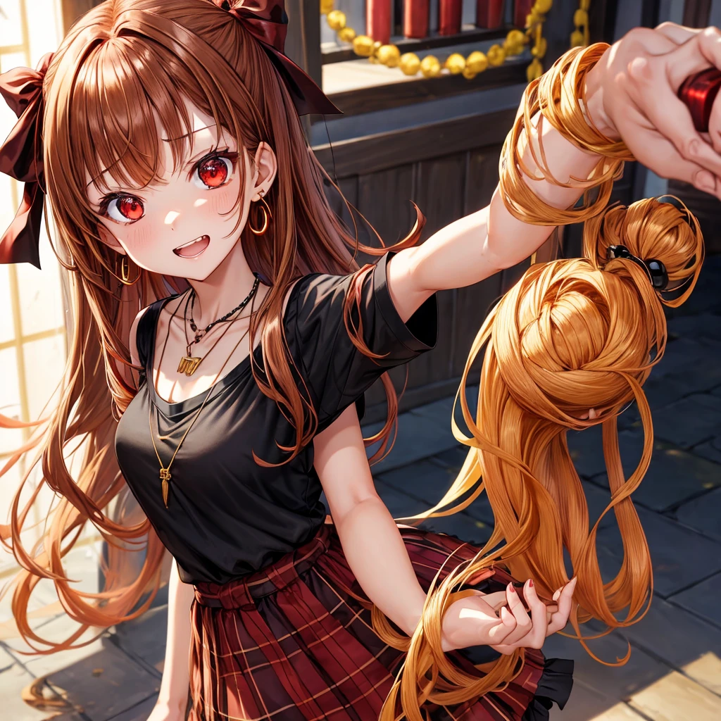 reddish-brown golden hair、red eyes、one good looking girl、solo、anime、plaid mini skirt、black camisole、black t-shirt、dress、wearing a ribbon、ribbon at waist、crystal earrings、jewelry necklace、Light and shadow、tilting one's face、teeth are visible、pillar、torches、evil looking face