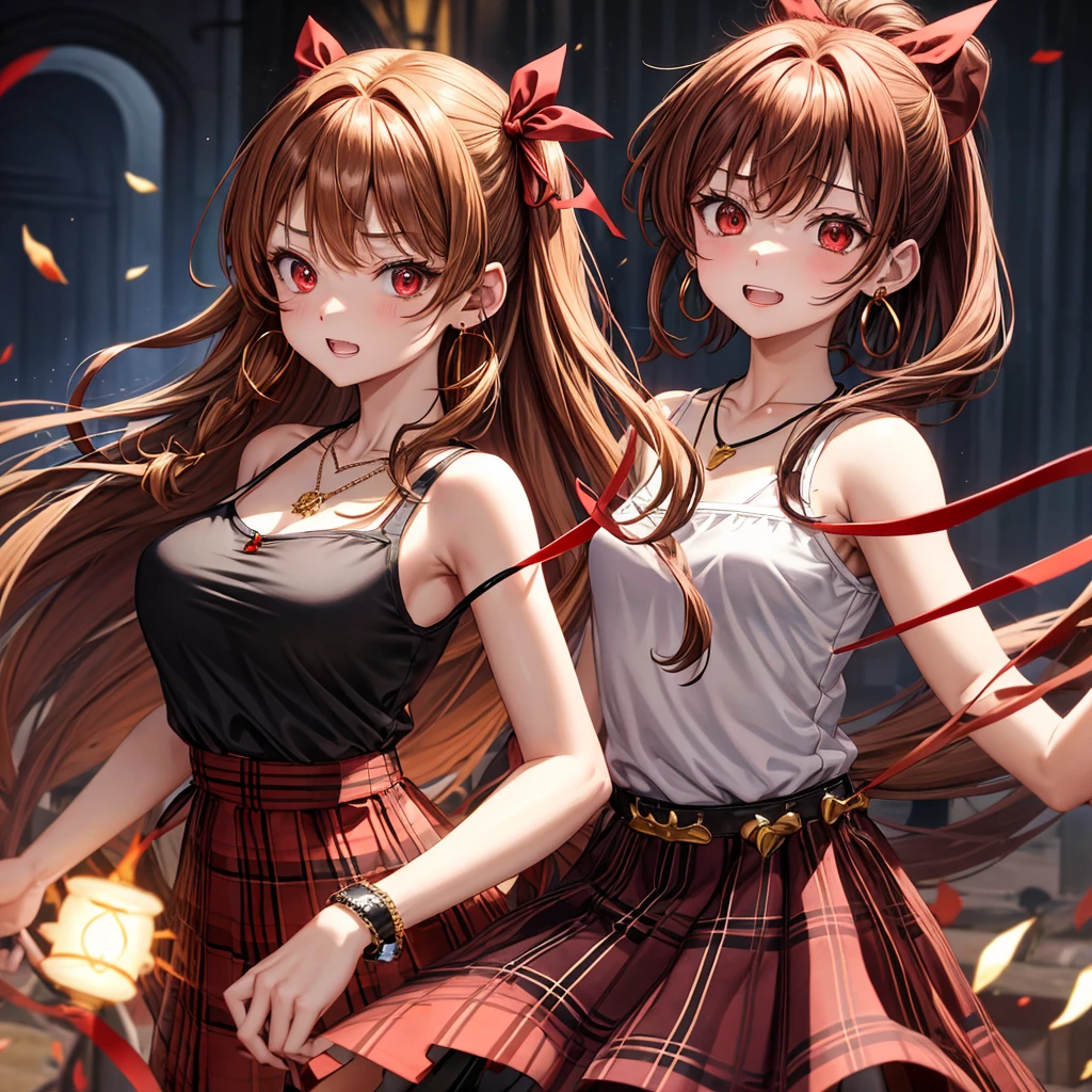 reddish-brown golden hair、red eyes、one good looking girl、solo、anime、plaid mini skirt、black camisole、black t-shirt、dress、wearing a ribbon、ribbon at waist、crystal earrings、jewelry necklace、Light and shadow、tilting one's face、teeth are visible、pillar、torches、evil looking face