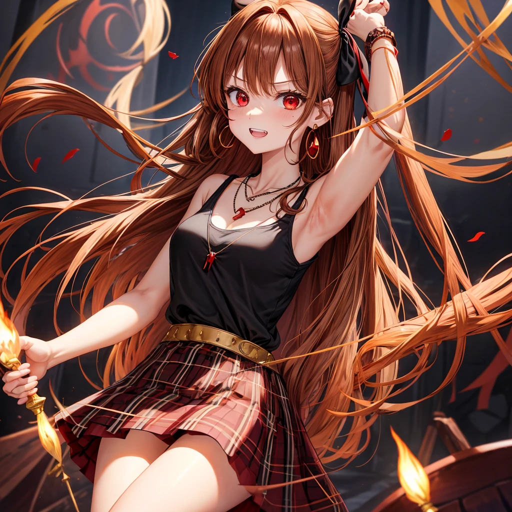 reddish-brown golden hair、red eyes、one good looking girl、solo、anime、plaid mini skirt、black camisole、black t-shirt、dress、wearing a ribbon、ribbon at waist、crystal earrings、jewelry necklace、Light and shadow、tilting one's face、teeth are visible、pillar、torches、evil looking face