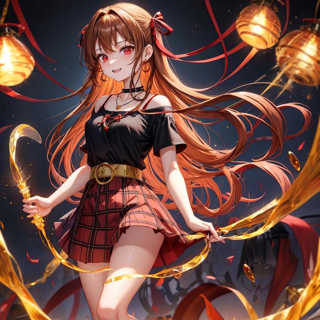 reddish-brown golden hair、red eyes、one good looking girl、solo、anime、plaid mini skirt、black camisole、black t-shirt、dress、wearing a ribbon、ribbon at waist、crystal earrings、jewelry necklace、Light and shadow、tilting one's face、teeth are visible、pillar、torches、evil looking face